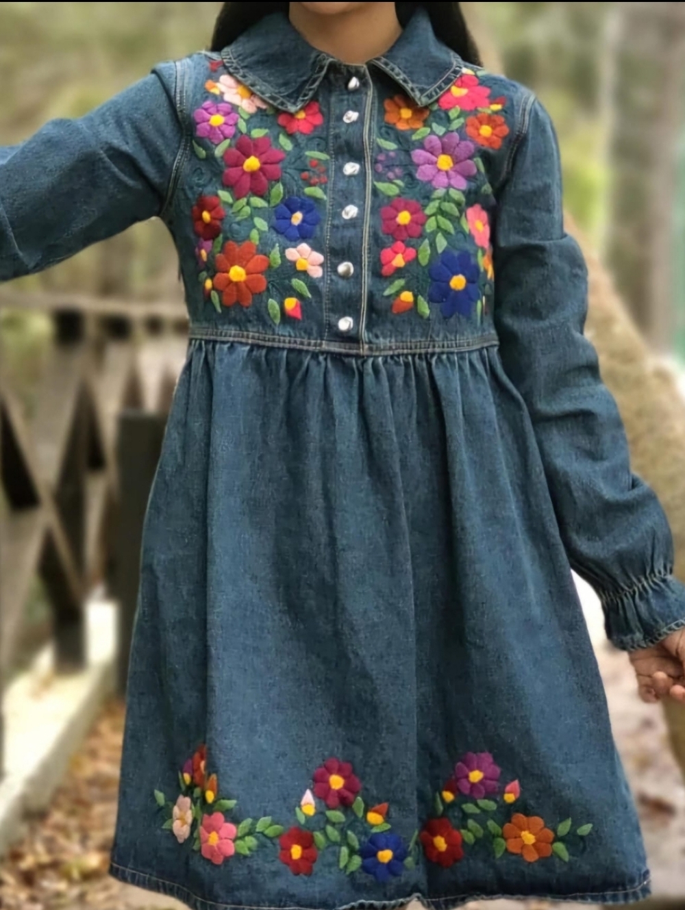 Denim Womens Dress with Multicolor FloralHand Embroidery